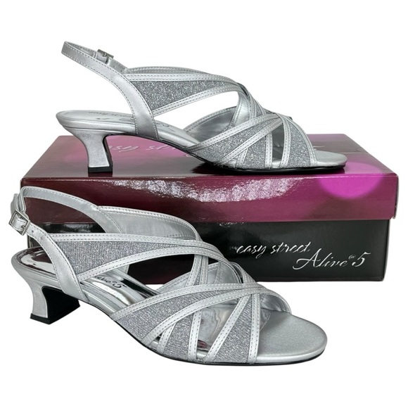 easy street Shoes - Easy Street Tristen Silver Satin/Glitter Kitten Heel Womens Pumps Size 7.5M